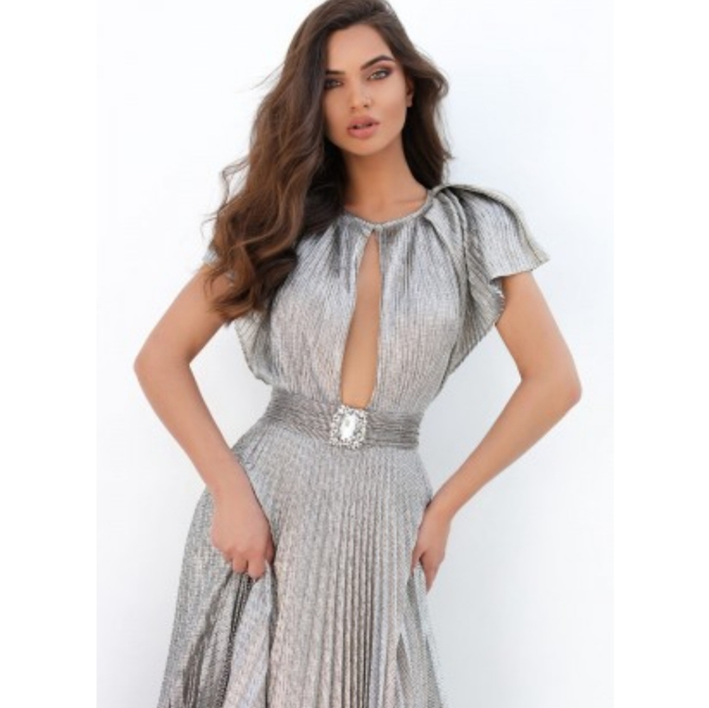 Tarik Ediz metallic silver belted-look dress gown 8 - Picture 4 of 8